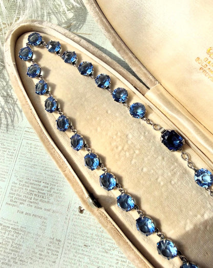 ANTIQUE • Art Deco Sterling Silver w/ Blue Sapphire Paste Rivière Necklace