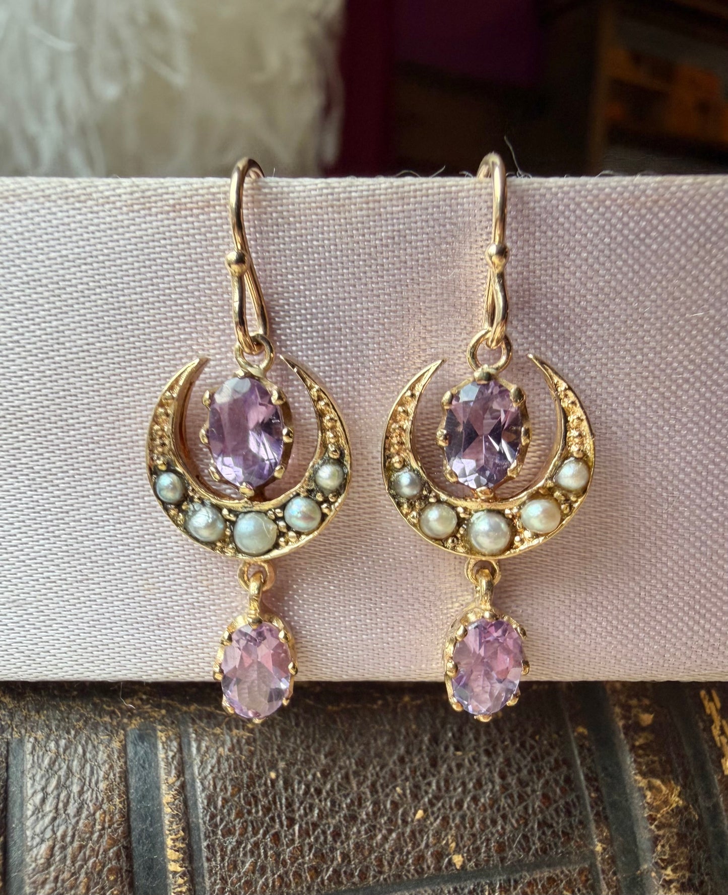ANTIQUE • Victorian 9ct Yellow Gold w/ Amethyst & Seed Pearl Earrings