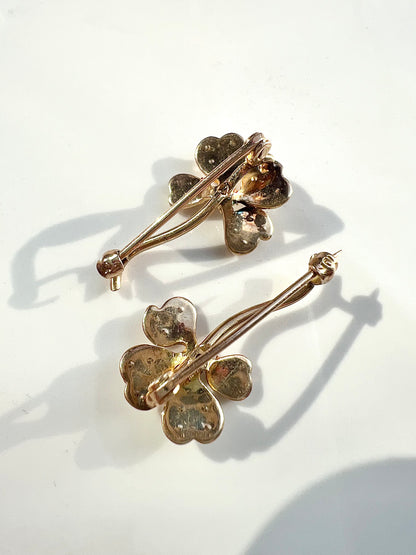 ANTIQUE • Art Nouveau 10k Yellow Gold w/ Seed Pearls Clover Lingerie Pin Set