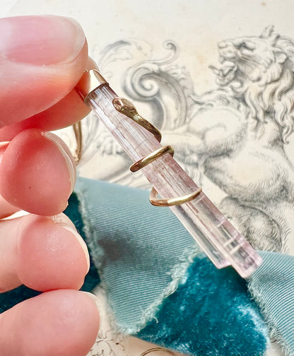 OJ ORIGINAL • 14k Yellow Gold Snake Wrapped Natural Pink Tourmaline Crystal Pendant