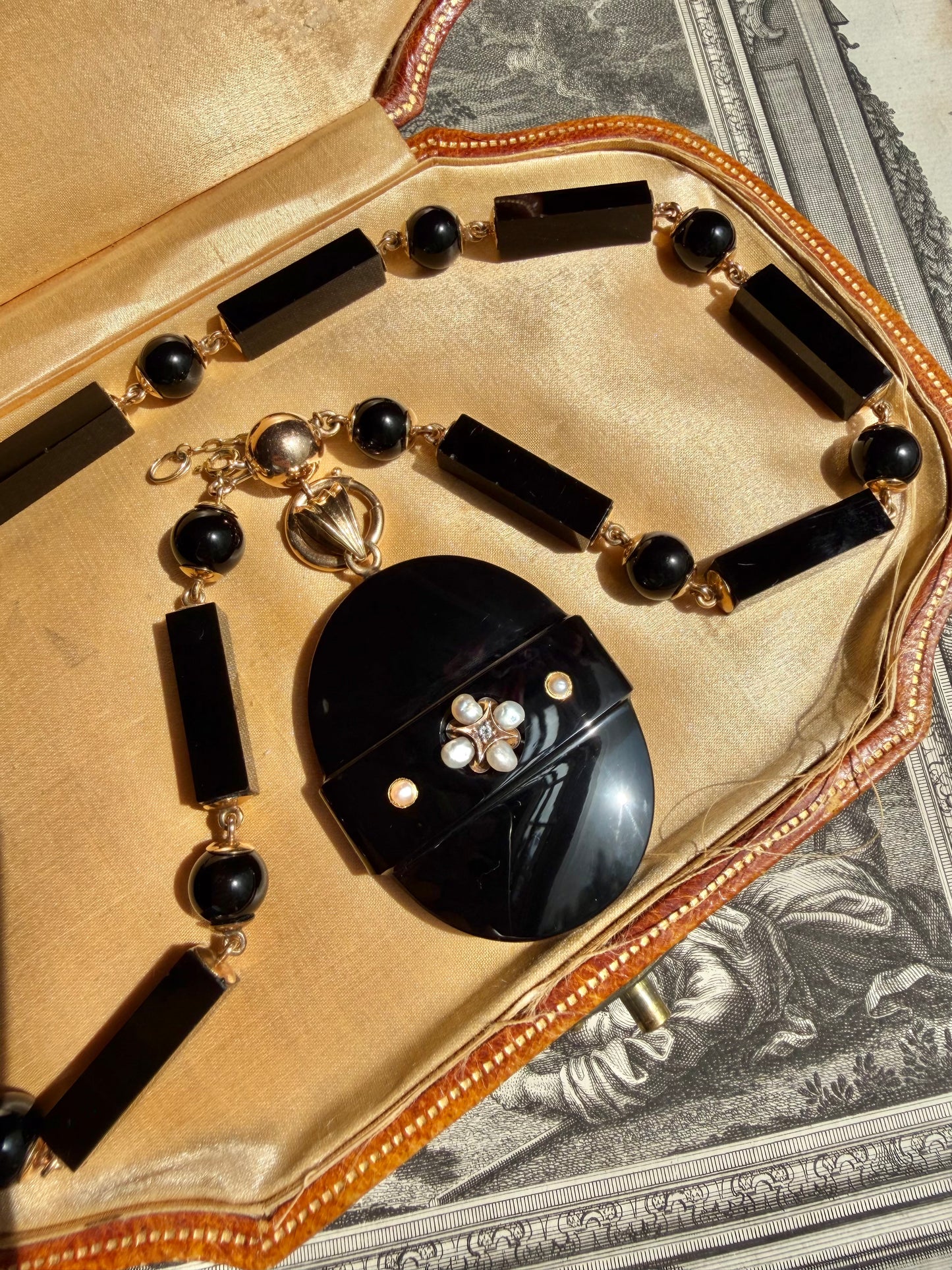 ANTIQUE • Victorian 14k Yellow Gold Onyx Mourning Necklace & Carved Locket Set w/ Pearls & Diamond