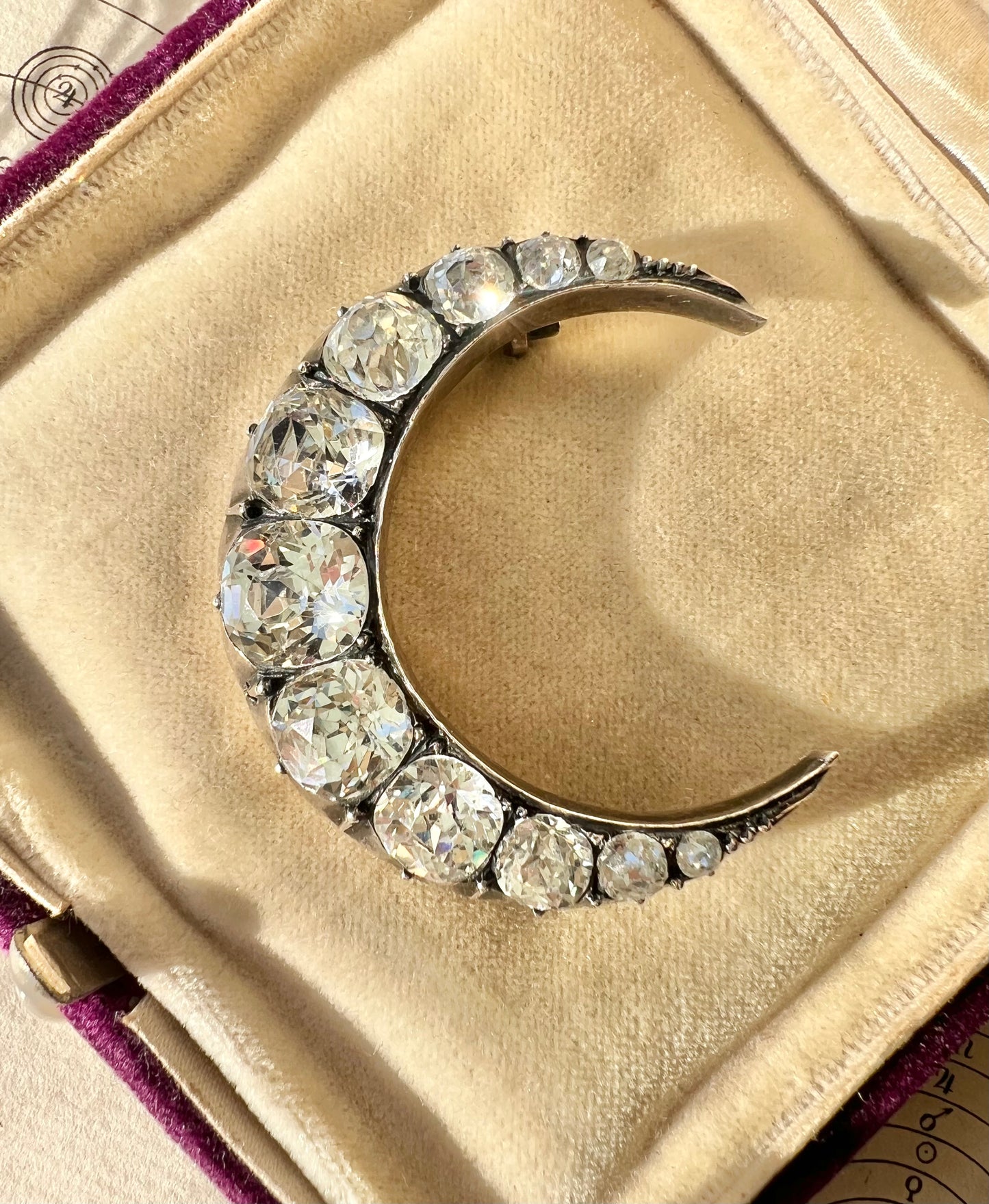 ANTIQUE • Victorian Sterling Silver w/ Cushion Cut Diamond Paste Crescent Brooch