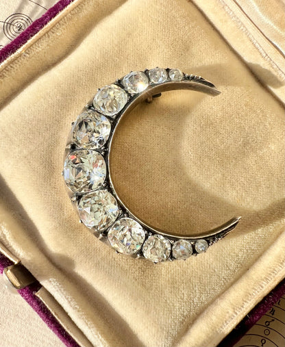 ANTIQUE • Victorian Sterling Silver w/ Cushion Cut Diamond Paste Crescent Brooch