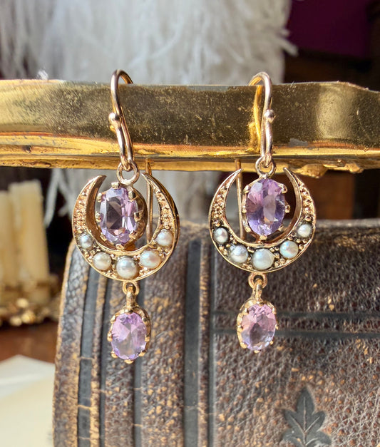 ANTIQUE • Victorian 9ct Yellow Gold w/ Amethyst & Seed Pearl Earrings