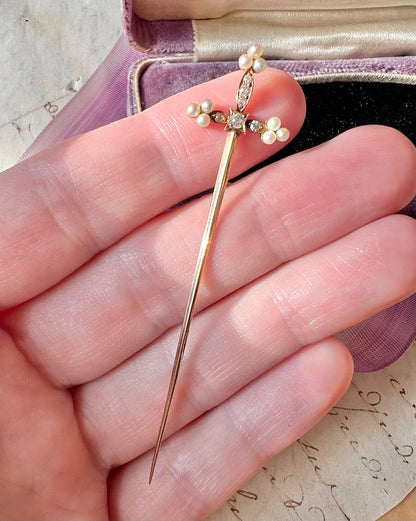 ANTIQUE • Victorian 14k Yellow Gold Sword Jabot w/ Old Mine Cut Diamonds & Saltwater Pearls