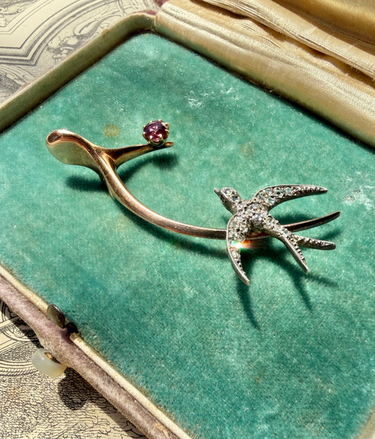 ANTIQUE • Victorian 14k Yellow Gold & Silver w/ Old Cut Diamonds & Rubies Wishbone Swallow Brooch