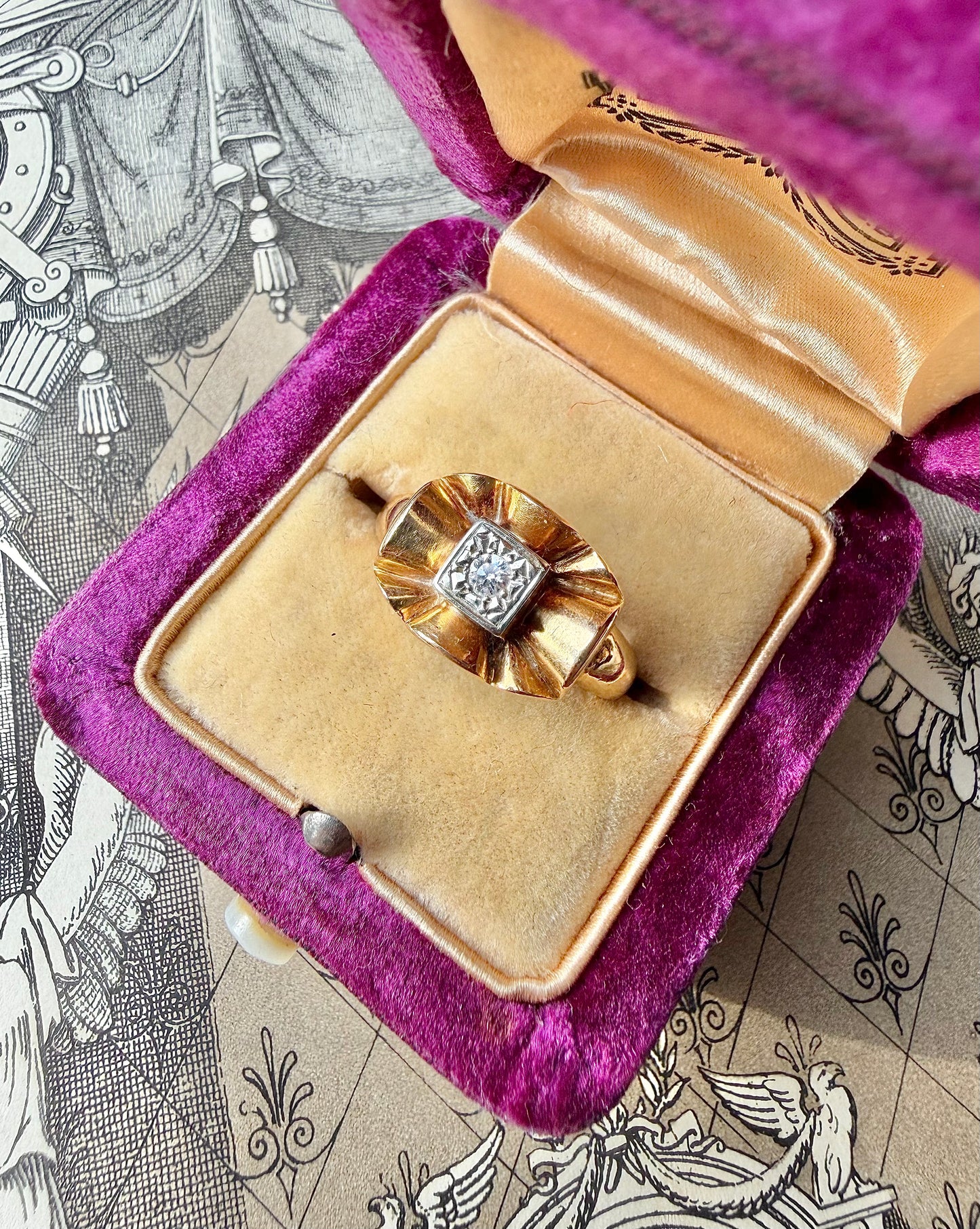 ANTIQUE • Mid-Century 18k Two Tone Gold w/ Transitional Cut Diamond Bow Ring