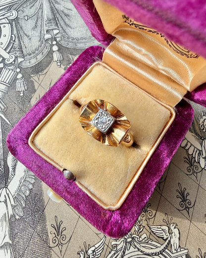 ANTIQUE • Mid-Century 18k Two Tone Gold w/ Transitional Cut Diamond Bow Ring