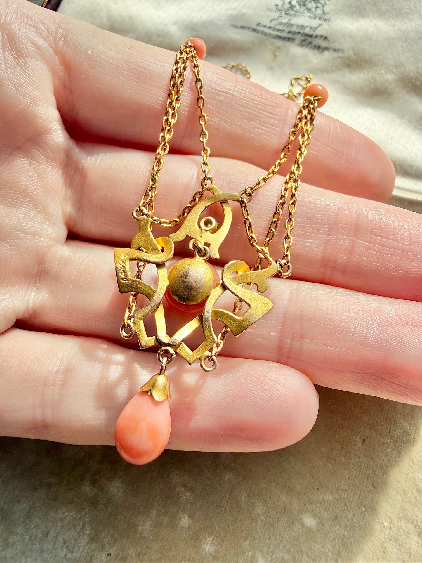 ANTIQUE • Art Nouveau 14k Yellow Gold w/ Natural Coral & Diamond Festoon Necklace
