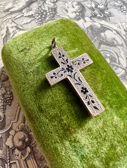 ANTIQUE • Victorian 10k Yellow Gold Taille D’Epargne Enamel Cross Pendant Charm