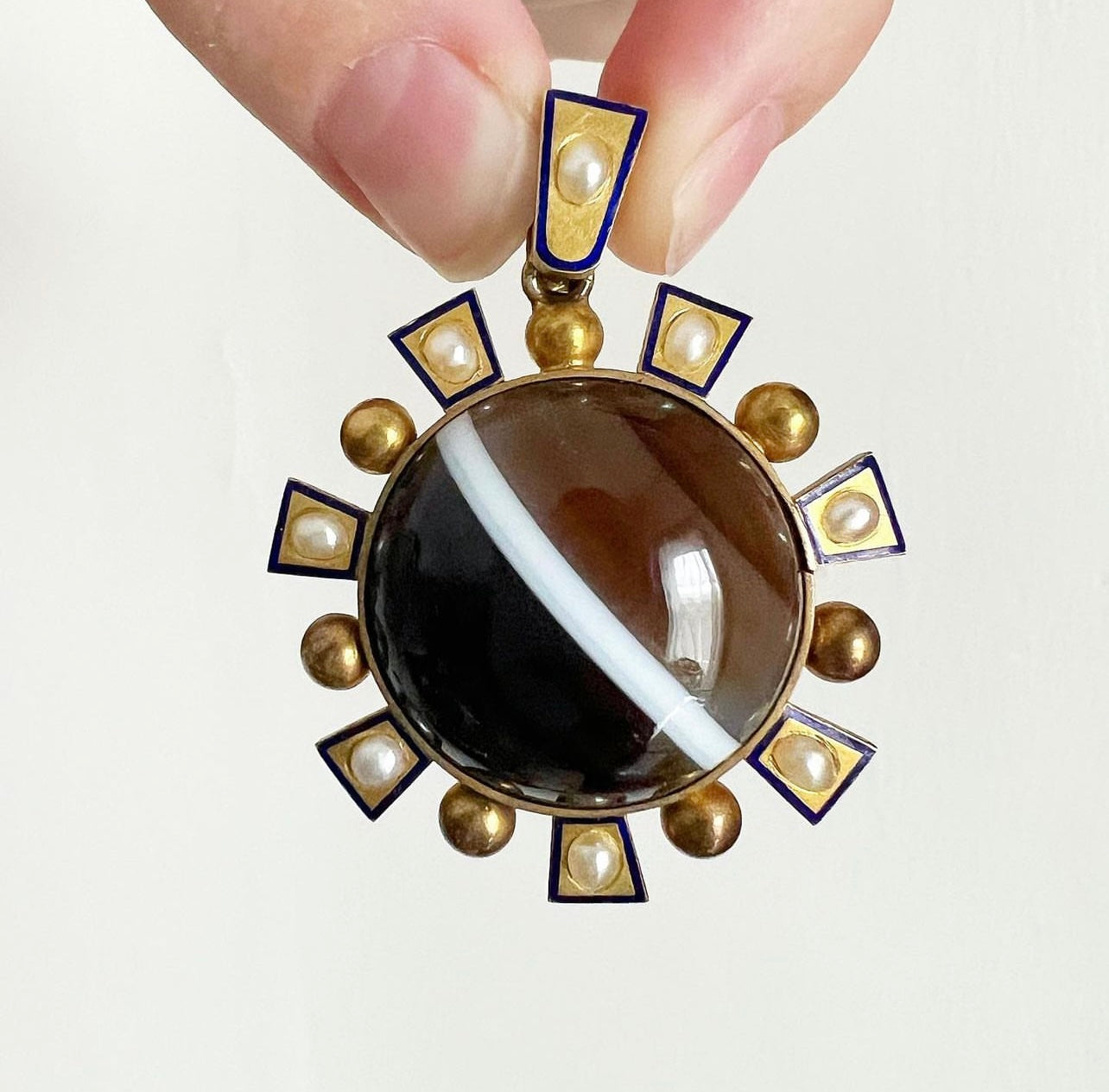 ANTIQUE • Victorian 14k Yellow Gold Banded Agate w/ Sea Pearls & Enamel Pendant