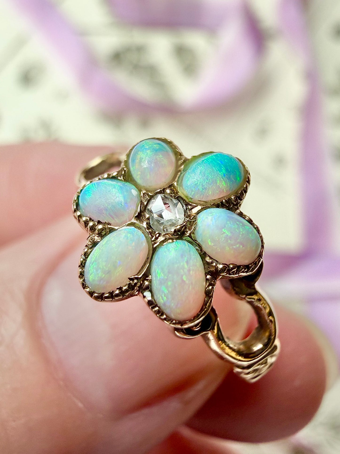 ANTIQUE • Art Nouveau 14k Yellow Gold w/ Australian Opal & Rose Cut Diamond Flower Ring