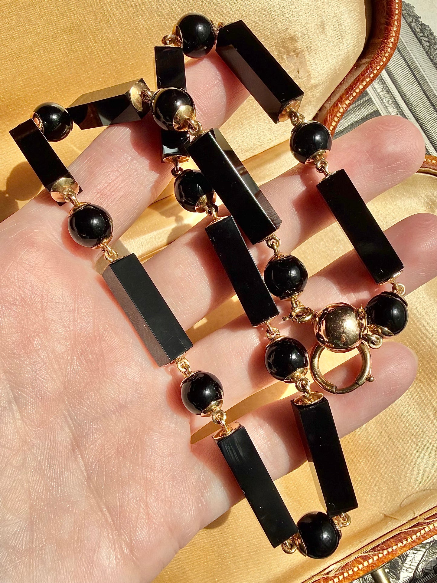ANTIQUE • Victorian 14k Yellow Gold Onyx Mourning Necklace & Carved Locket Set w/ Pearls & Diamond