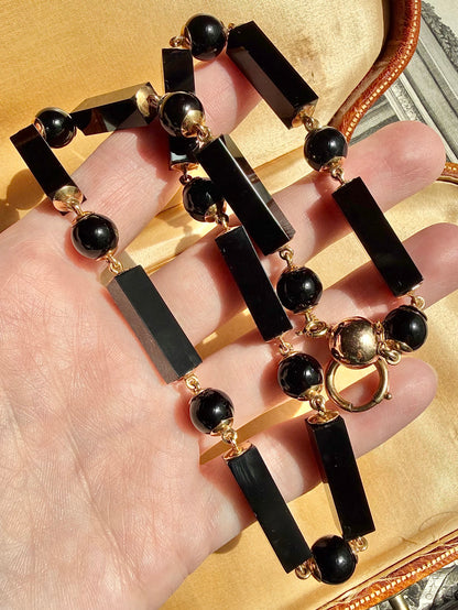 ANTIQUE • Victorian 14k Yellow Gold Onyx Mourning Necklace & Carved Locket Set w/ Pearls & Diamond