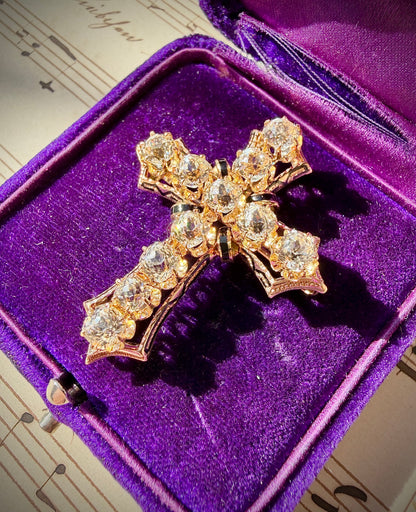 ANTIQUE • Victorian 10/14k Yellow Gold w/ Old Mine Cushion Cut Paste Diamonds & Enamel Cross Pendant Brooch