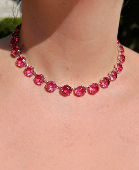 ANTIQUE • Art Deco Sterling Silver w/ Pink Sapphire Paste Rivière Necklace