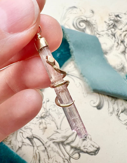 OJ ORIGINAL • 14k Yellow Gold Snake Wrapped Natural Pink Tourmaline Crystal Pendant