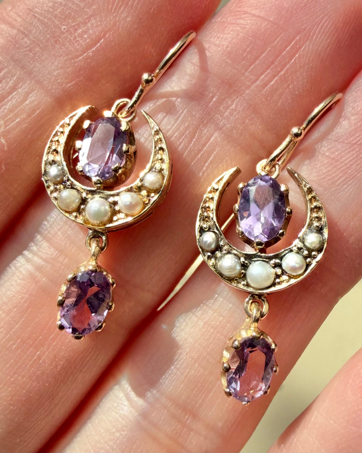 ANTIQUE • Victorian 9ct Yellow Gold w/ Amethyst & Seed Pearl Earrings