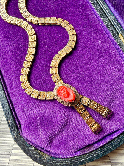 ANTIQUE • Victorian 9ct Yellow Gold w/ Coral Cameo Clasp Lariat Book Chain Necklace