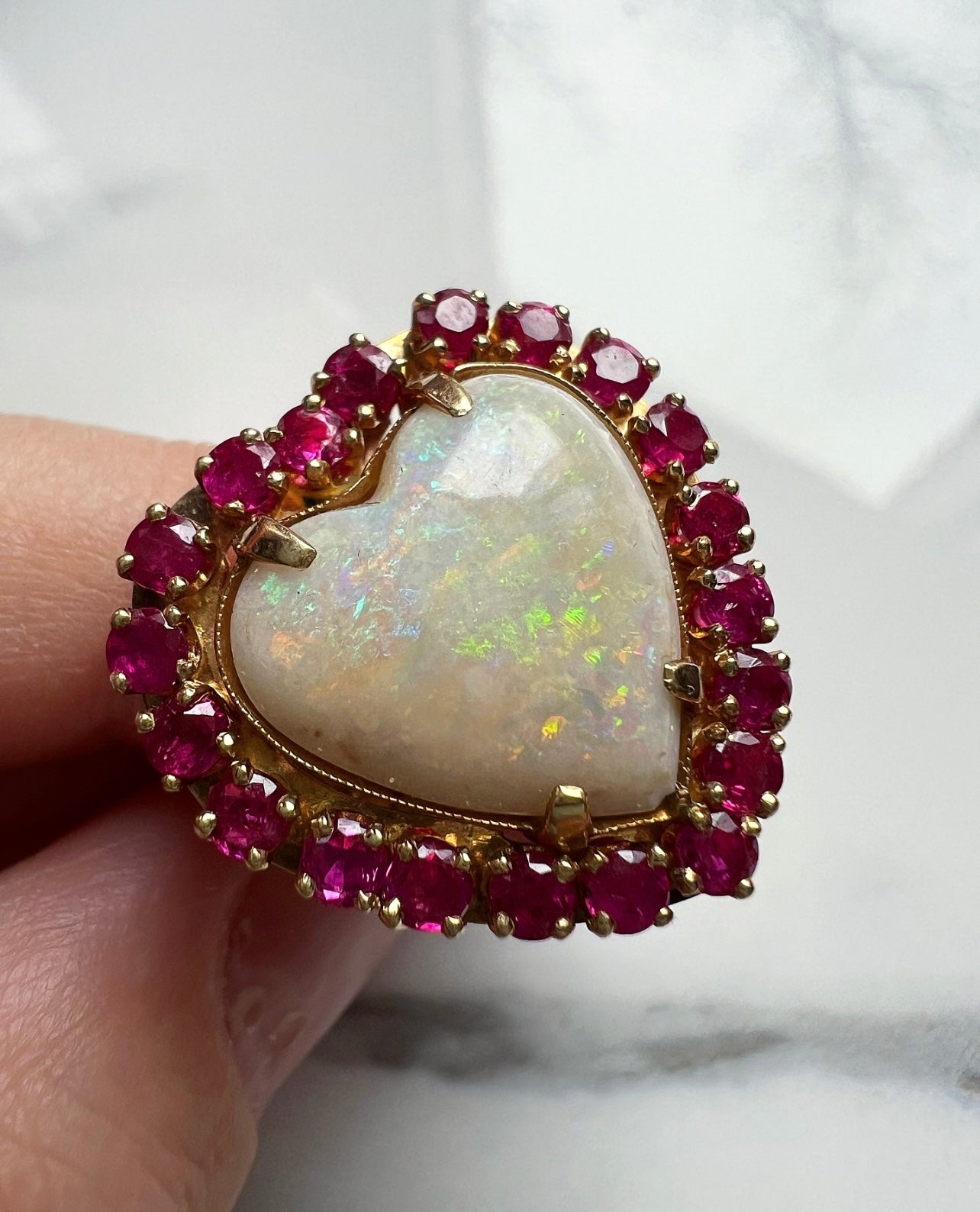 ANTIQUE • Victorian 14k Yellow Gold Australian Opal Heart & Ruby Halo Ring Sz. 6.5