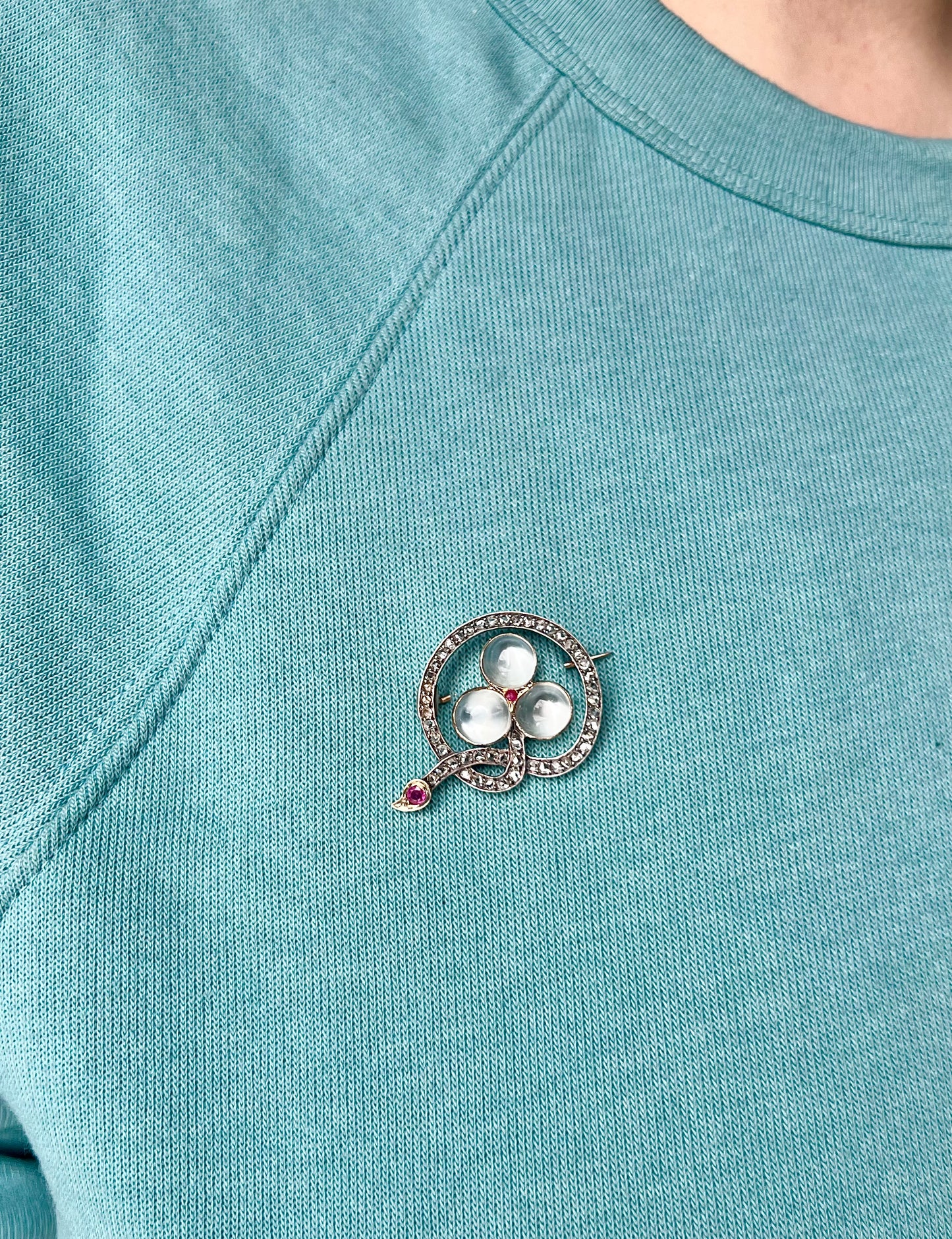 ANTIQUE • Victorian French 18k Rosy Gold Trefoil Brooch w/ Moonstones, Rose Cut Diamonds & Rubies