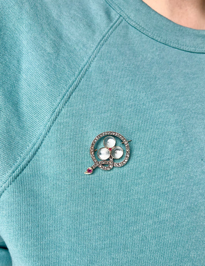 ANTIQUE • Victorian French 18k Rosy Gold Trefoil Brooch w/ Moonstones, Rose Cut Diamonds & Rubies