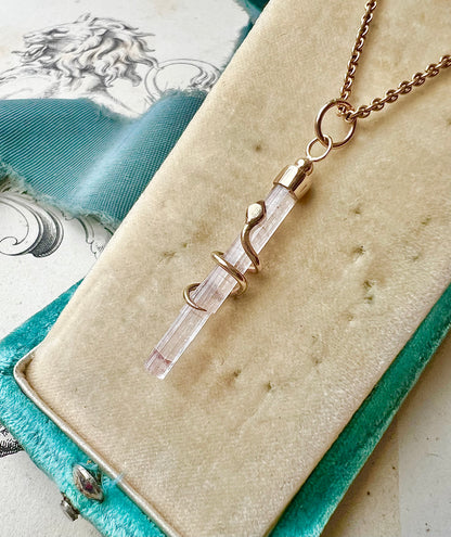 OJ ORIGINAL • 14k Yellow Gold Snake Wrapped Natural Pink Tourmaline Crystal Pendant