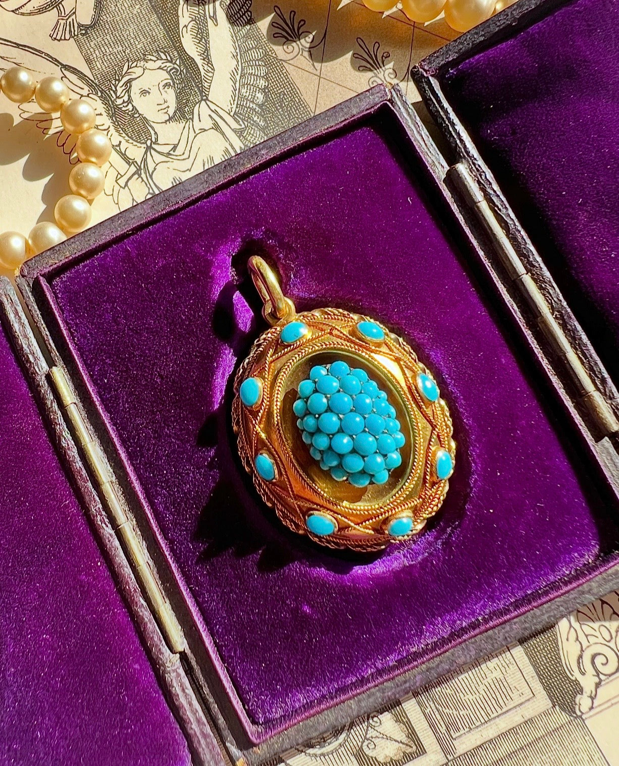 ANTIQUE • Victorian 14k Yellow Gold w/ Persian Turquoise Locket Back Pendant
