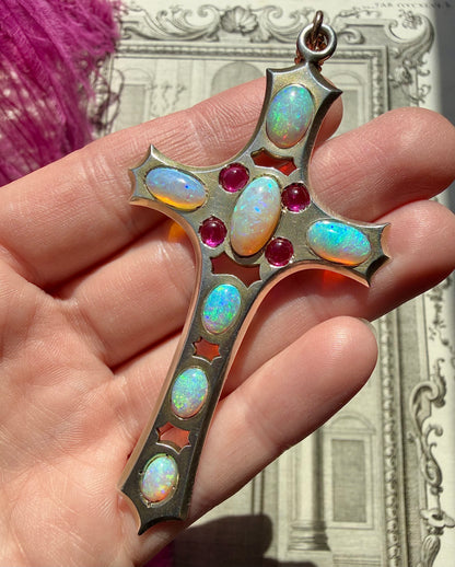 ANTIQUE • Art Nouveau Silver-Low Karat Gold w/ Australian Opal & Ruby Cross Pendant