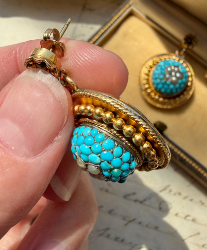 ANTIQUE • Victorian 14k Yellow Gold Celestial Earrings w/ Persian Turquoise, Sea Pearls & Rose Cut Diamonds