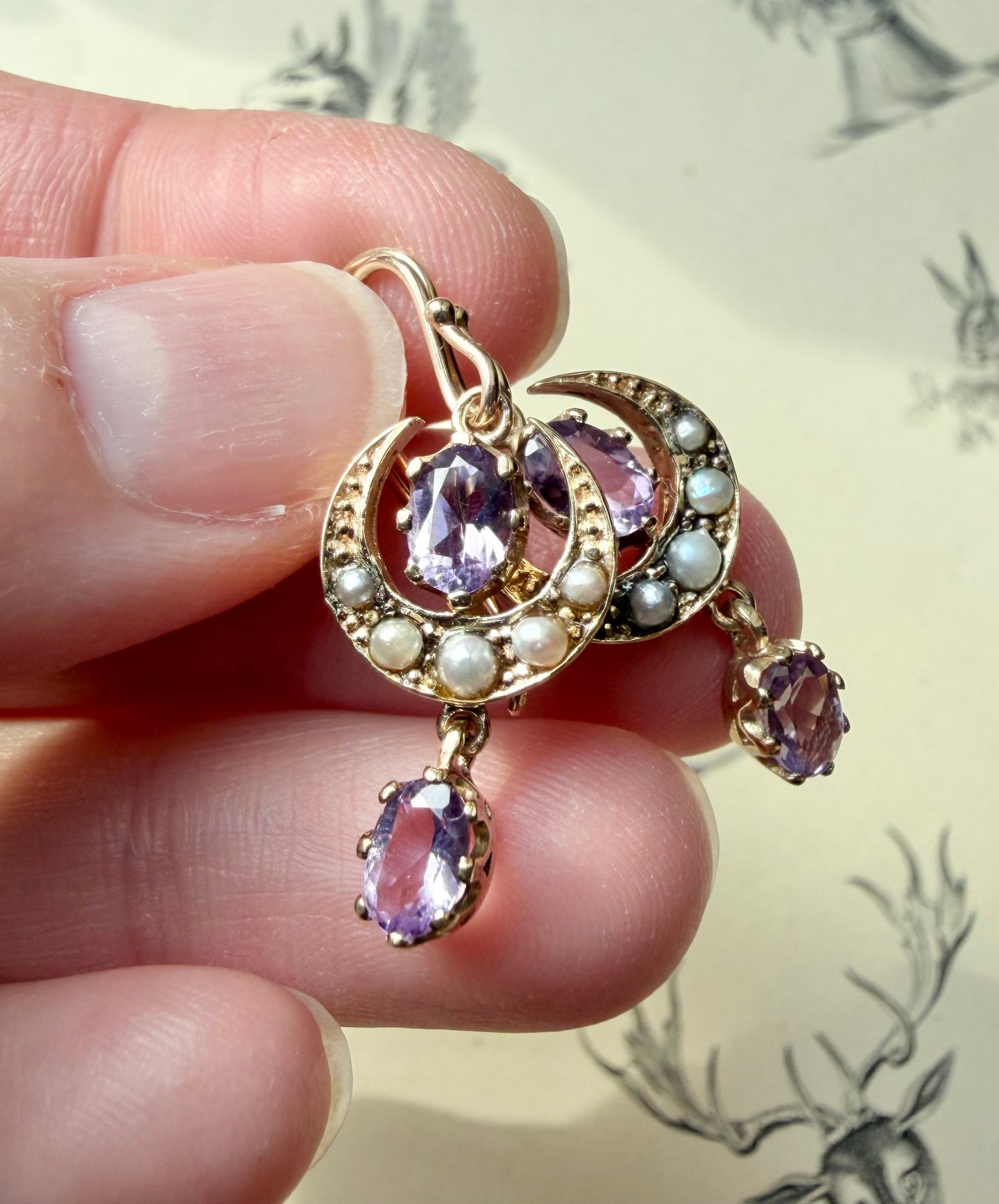 ANTIQUE • Victorian 9ct Yellow Gold w/ Amethyst & Seed Pearl Earrings