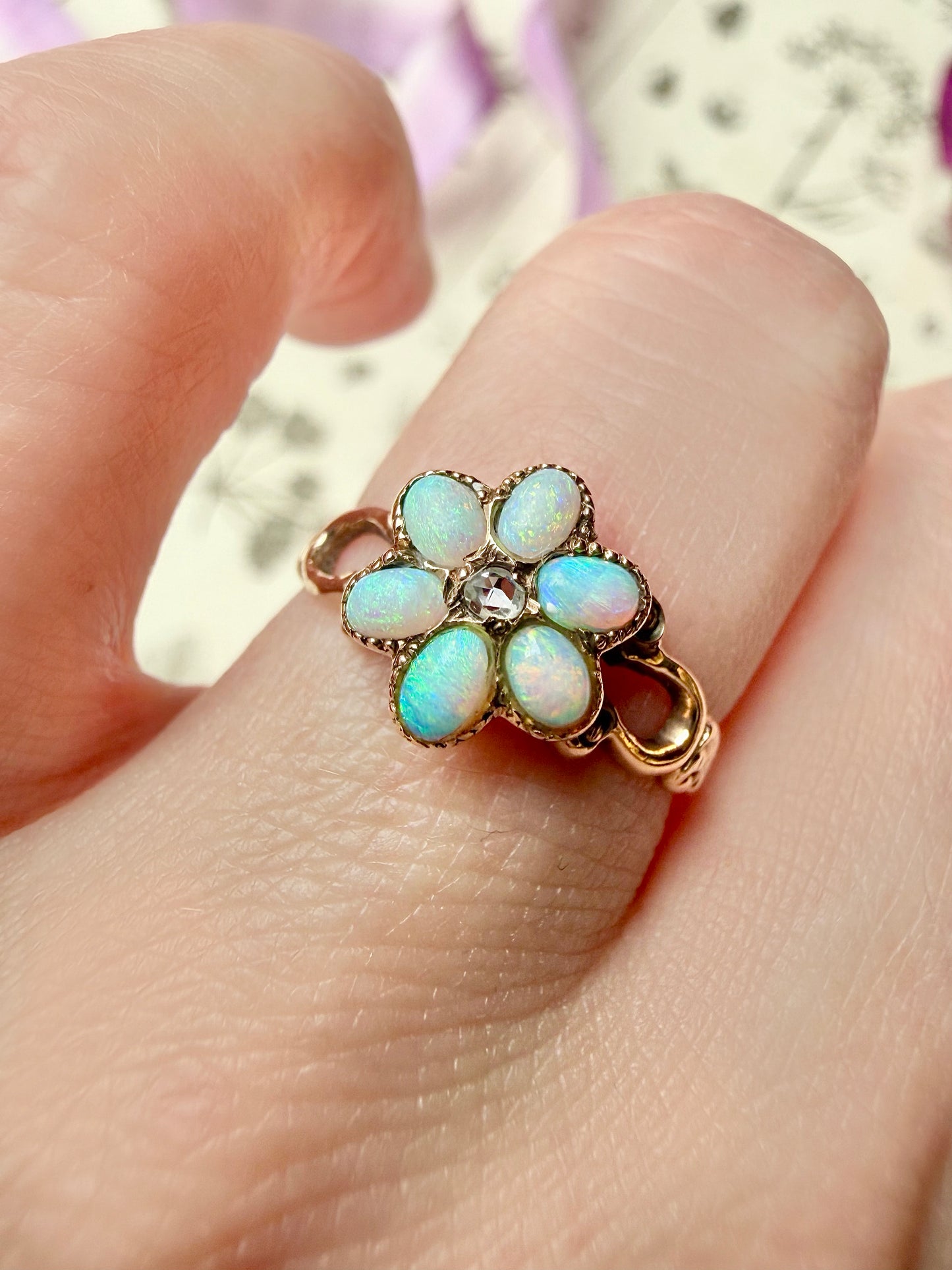 ANTIQUE • Art Nouveau 14k Yellow Gold w/ Australian Opal & Rose Cut Diamond Flower Ring