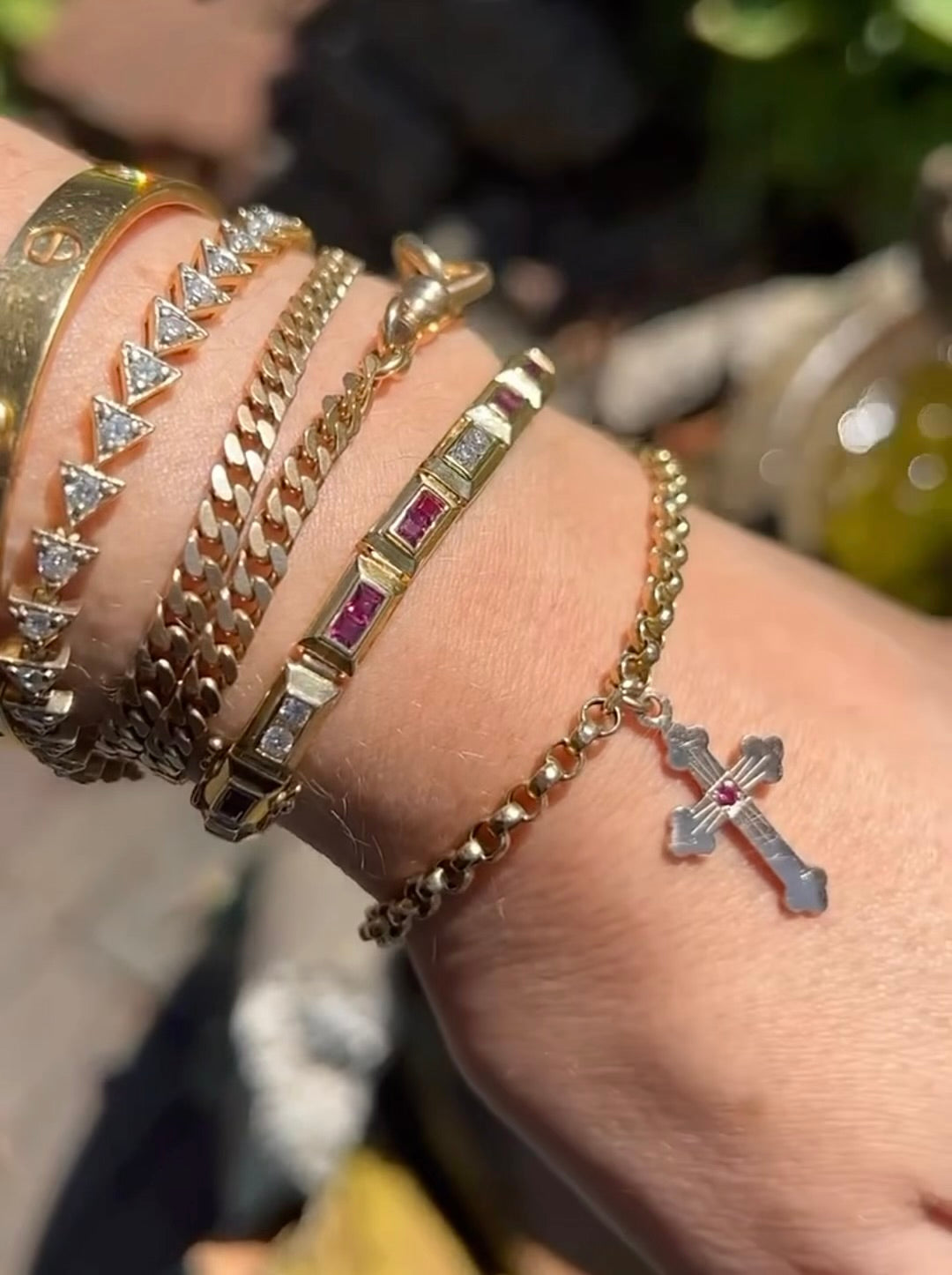 VINTAGE • Mid-Late Century 14k Yellow Gold Diamond & Ruby Brick Link Line Bracelet