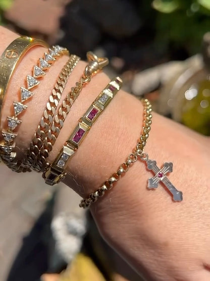 VINTAGE • Mid-Late Century 14k Yellow Gold Diamond & Ruby Brick Link Line Bracelet