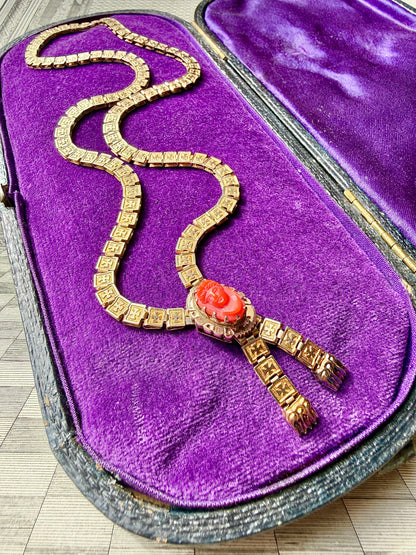 ANTIQUE • Victorian 9ct Yellow Gold w/ Coral Cameo Clasp Lariat Book Chain Necklace