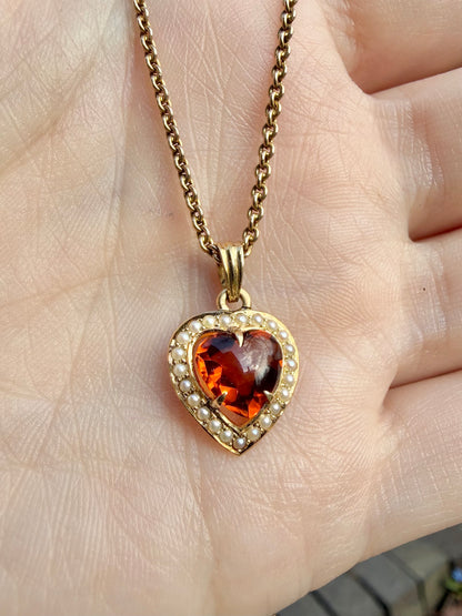 ANTIQUE • Art Nouveau 14k Yellow Gold Madeira Citrine w/ Seed Pearls Heart Charm Pendant