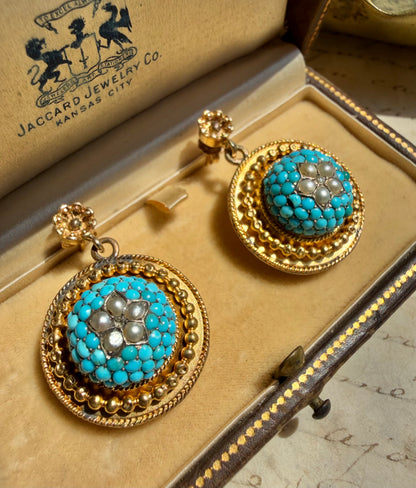 ANTIQUE • Victorian 14k Yellow Gold Celestial Earrings w/ Persian Turquoise, Sea Pearls & Rose Cut Diamonds