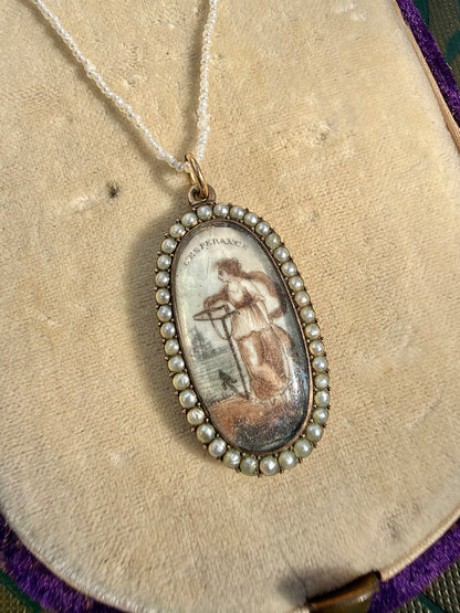 ANTIQUE • Georgian Rosy Gold Sepia & Watercolor Miniature Mourning Portrait Pendant c. 1780