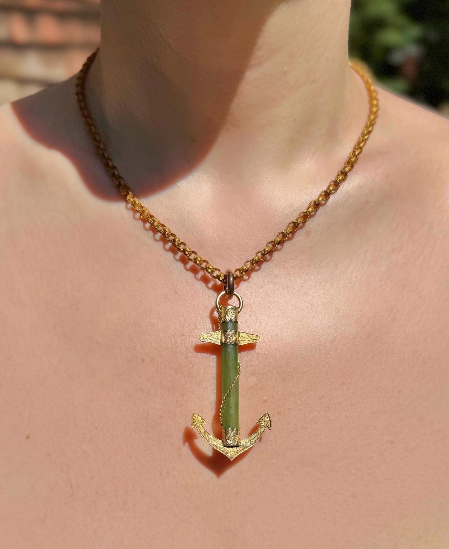 ANTIQUE • Victorian 9ct Yellow Gold Nephrite Jade Anchor Pendant & Brooch