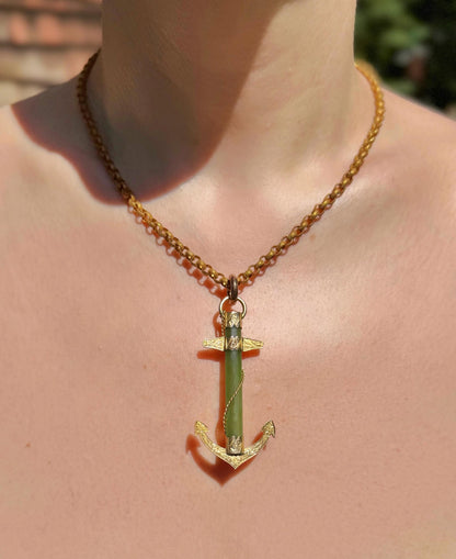 ANTIQUE • Victorian 9ct Yellow Gold Nephrite Jade Anchor Pendant & Brooch