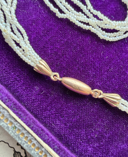 ANTIQUE • Art Nouveau 10k Rosy Yellow Gold 5-Strand Seed Pearl Necklace