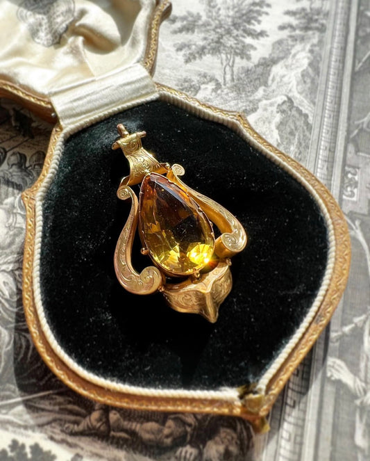 ANTIQUE • Georgian 14k Yellow Gold w/ Citrine Engraved Pendant