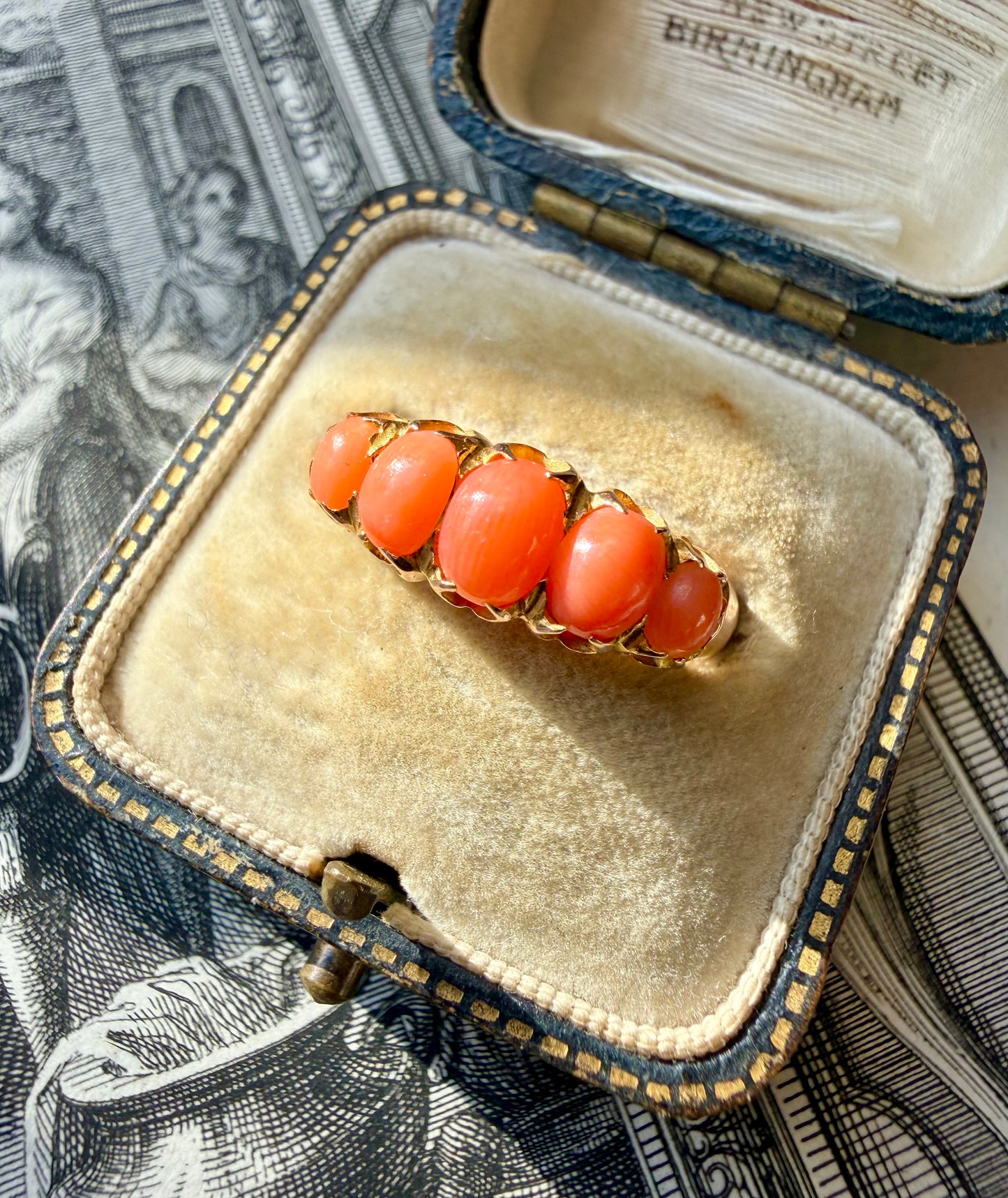 ANTIQUE • Victorian 15ct Yellow Gold Natural Coral 5-Stone Ring