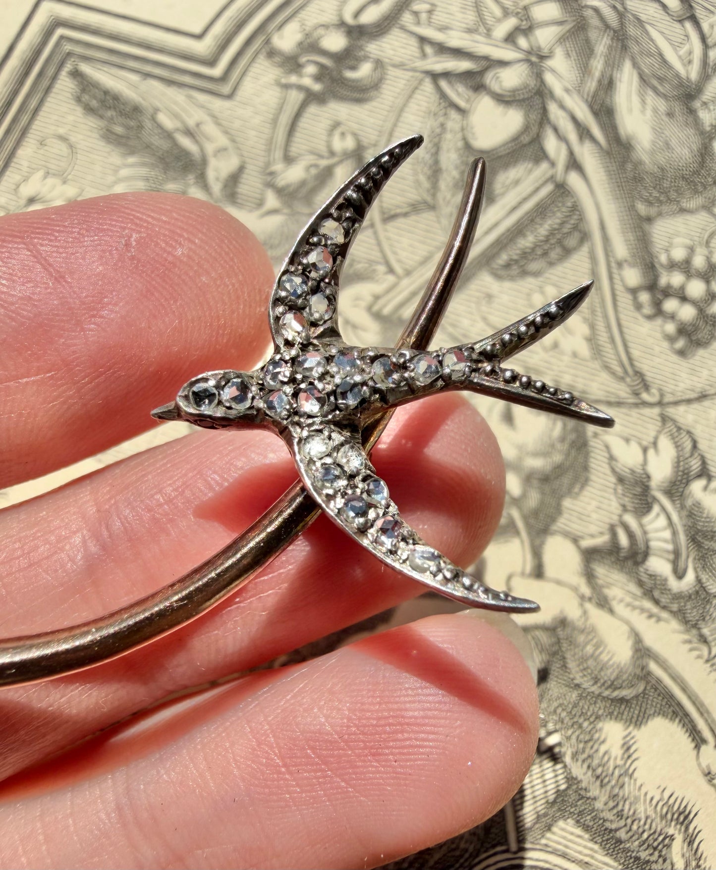 ANTIQUE • Victorian 14k Yellow Gold & Silver w/ Old Cut Diamonds & Rubies Wishbone Swallow Brooch