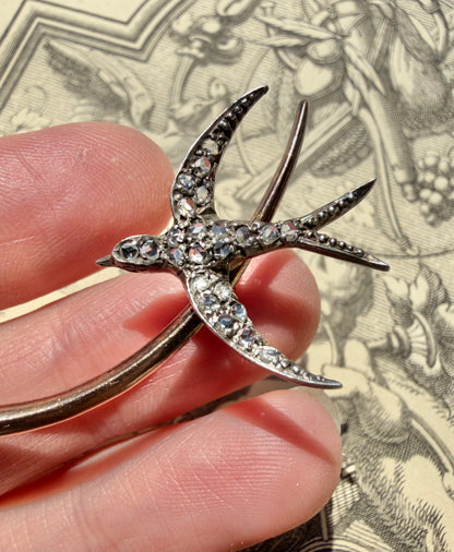 ANTIQUE • Victorian 14k Yellow Gold & Silver w/ Old Cut Diamonds & Rubies Wishbone Swallow Brooch