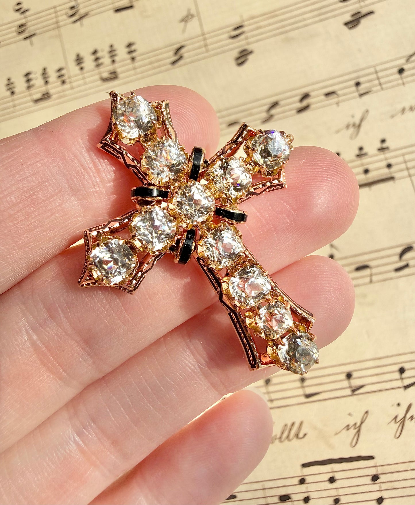 ANTIQUE • Victorian 10/14k Yellow Gold w/ Old Mine Cushion Cut Paste Diamonds & Enamel Cross Pendant Brooch