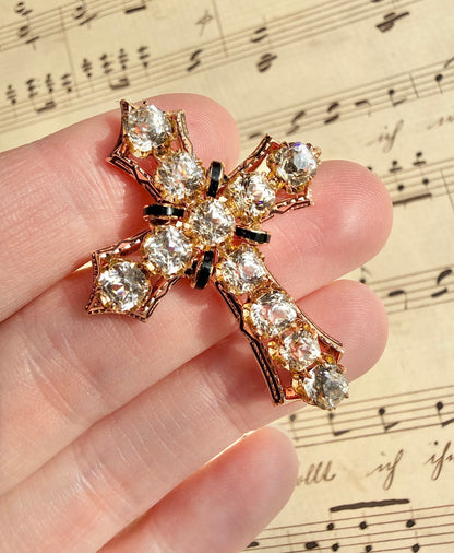 ANTIQUE • Victorian 10/14k Yellow Gold w/ Old Mine Cushion Cut Paste Diamonds & Enamel Cross Pendant Brooch