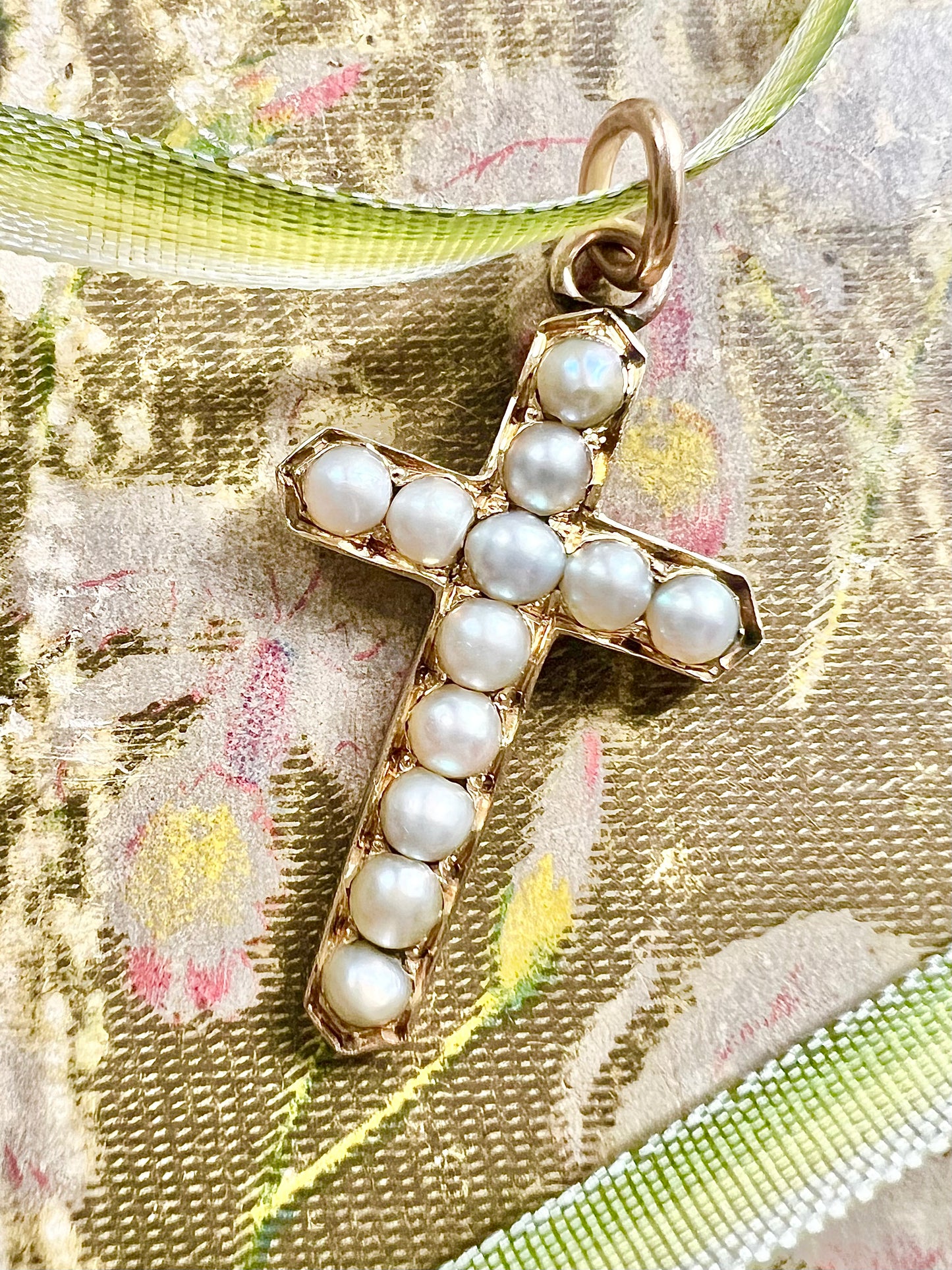 ANTIQUE • Victorian 9ct Yellow Gold w/ Saltwater Pearls Cross Pendant