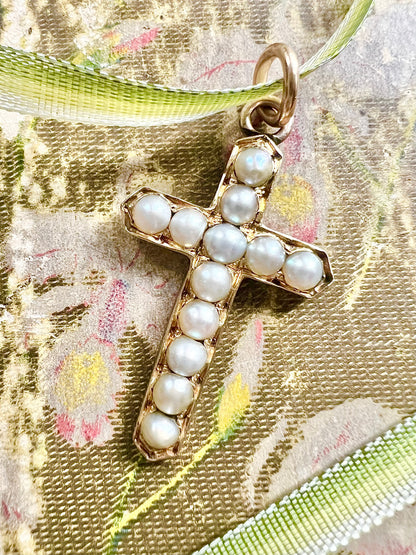 ANTIQUE • Victorian 9ct Yellow Gold w/ Saltwater Pearls Cross Pendant