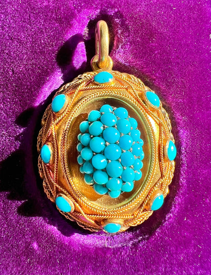 ANTIQUE • Victorian 14k Yellow Gold w/ Persian Turquoise Locket Back Pendant